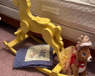 Handmade Wood Rocking Horse, Vintage Western Baby Quilt