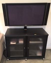 This is a rolling audio / video entertainment center and large television upon it.