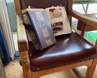 MISSION STYLE BURGUNDY  LEATHER AND HEAVY WOODEN ARM CHAIR