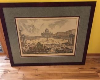 Hand-colored steel engraving 37" wide x 30.5" tall in beautiful burl style frame $80
