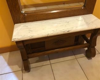 Antique Oak hall mirror with marble seat 31" wide x 12" deep x 86" tall $500