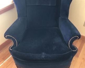 Navy blue velvet chair-some cat scratching damage on back $50