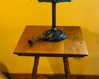 Vintage Tiffany-style lamp 23" tall $250. Vintage Oak table 18" wide x 18"deep x 29.5" tall $95