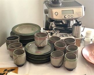 Breville coffee maker W/demitasse cups, VTG Handmade Stoneware (marked Knightly)