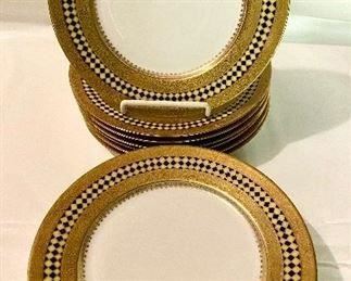 Gold Swirled Encrusted Deco Checkerboard 12 plates - Limoges - Raphael Weilla Co. San Francisco