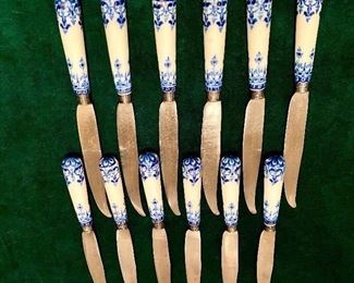 Two (2) Sets 24 Total French Silver + Porcelain handled Steel Knives with St. Cloud soft paste porcelain - Regence Pattern Blue + White - 10 3/8" Circa 1680-1760