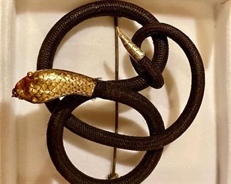 Mourning Hair SNAKE Gold Brooch ~~~ Very Large + Exquisite ~~~ holding a Dangling Ruby