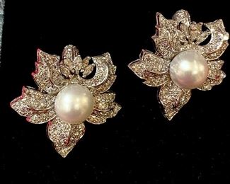 18kt Cultured SOUTH SEA PEARLS + Marquis + Round Diamond Floral Omega Back Earrings.  GIA/Appraisal