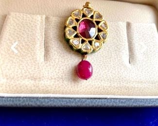 Mohgul Ruby Diamond Enamel Pendant - Simply Exquisite! Check out our Gorgeous Yellow Gold Chains to accommodate this piece.&nbsp; 