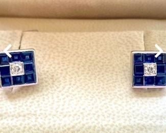 Classy Chic" Deco Square Calibrated "Floating Invisible Set" Sapphires + Round Brilliant Single Cut Diamond Centers Square Bezel Set.&nbsp; 