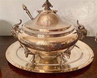 Rogers Bros Silver Plate Bison Soup Tureen 19th Century with Hoof ladle