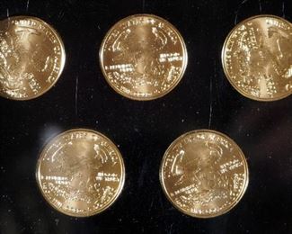 US Gold Vault $5 Solid Gold American Eagle Coins, Qty 5, Each 1/10 oz Fine Gold, In Display Case
