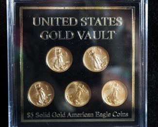 US Gold Vault $5 Solid Gold American Eagle Coins, Qty 5, Each 1/10 oz Fine Gold, In Display Case