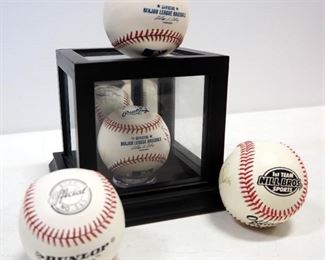 Autographed Baseballs, 4 Balls, Some With Multiple Signatures, Names Undeciphered, Includes 1 Display Case