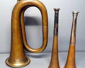 19th Century Brass Horn Collection, Various Styles, Includes Bugle And Hunting Horns, Total Qty 7