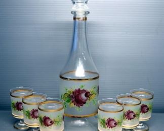 Decanter And Glasses With Hand-Painted Floral Design