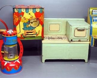 Tin Toys, Includes Cash Register, Roy Rogers Lantern, Shoot A Loop, Ohio Art Jack In The Box, And Electric Stove