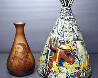 McCoy Ceramic Teepee Cookie Jar And Porcelain Vase With Native American Image