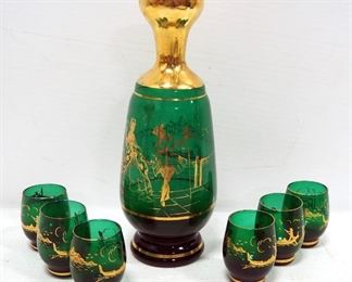 Gold And Green Saki Set With Decanter And Glasses With Colonial Couple And Gondola Images