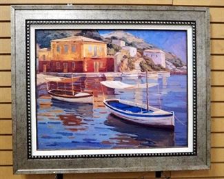 Painting On Board Of Boats In Harbor, Framed, 30" H x 36" W