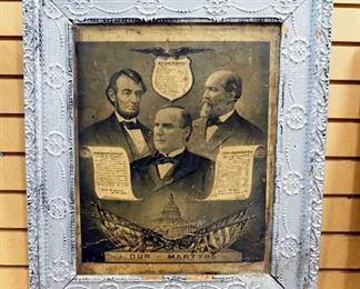 Antique Our Martyrs Image Of Abraham Lincoln, William McKinley, And James Garfield, Framed, 26.5" H x 22.5" W