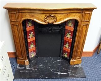 Solid Wood Fireplace Mantle, Metal Insert With Inlaid Tiles Made In Italy