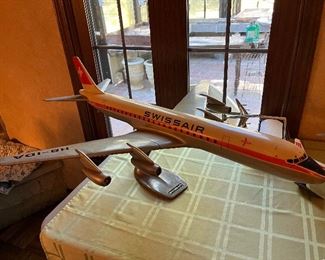 Vintage metal Swissair Airlines DC-8 travel agency desk model plane