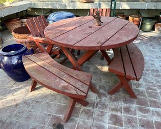 Redwood patio table, 2 chairs and 2 benches