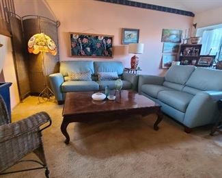 Blue leather modern sofa & loveseat