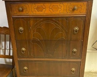 Unique Early 1900s Carved Tall Chest of Drawers on Wheels