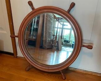 Mid-Century Large Nautical Wooden Ship Wheel  Wall Mirror