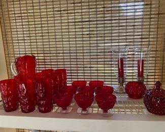 Vintage Ruby Red Morgantown Glass Crinkle  Pitcher Clear Handle with 10 tumblers and 8 serbert glasses