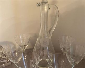 Etched crystal decanter with glasses