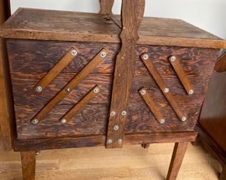 Vintage Dark toned Wood Cantilever Sewing Box on Legs 