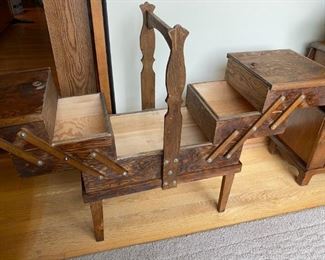 Vintage Dark toned Wood Cantilever Sewing Box on Legs 