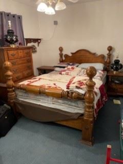 queen bed suite includes headboard, foot board, side rails, mattress, box springs, 2 night stands, chest of drawers