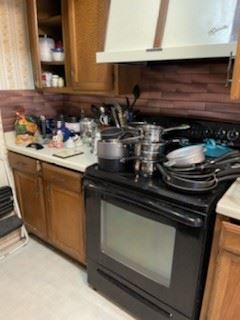 lots of cookware, kitchen utensils, pots & pans, dishes, serving dishes, canisters, flatware, etc