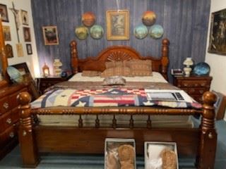 King bedroom suite includes headboard, foot board, side rails, mattress, box springs, triple dresser with mirror, check of drawers, armoire, 2 night stands