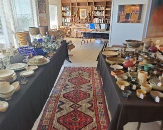 Mid-century art pottery, ceramics, various artists, Persian rug