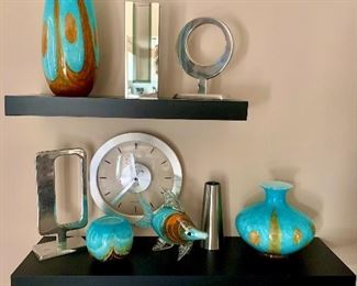 art glass, clock , modern décor (((Floating shelves NOT for sale)))