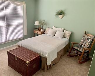 Full size bed  mattress box spring and frame, wicker trunk / chest, rocking chair