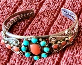 sterling silver Native American turquois and coral cuff bracelet 