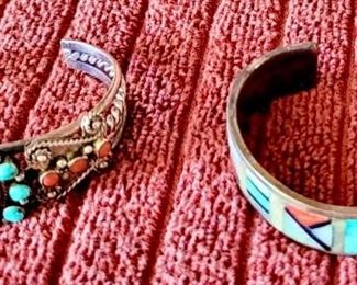 sterling silver Native American turquois and coral cuff bracelet and Native American stone inlay cuff bracelet 