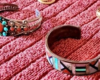 sterling silver Native American turquois and coral cuff bracelet and Native American stone inlay cuff bracelet 