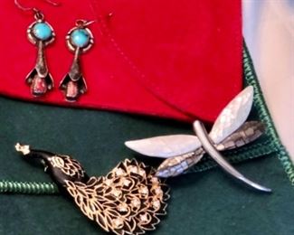 Native American earrings, dragonfly brooch, peacock brooch