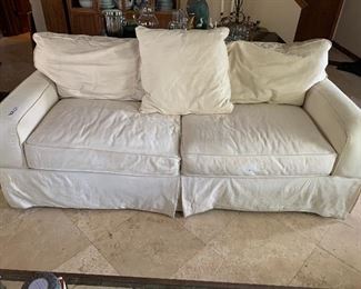 Great  Sofa by Rowe $250. After steam cleaning,It has stains so we are selling as ready to slip cover. No need to wait 6 months for a custom order- select your fabric and we have the name of a great slip cover person. 