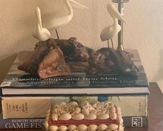 John Perry Pelicans on burl wood bases sold Small  Shell trinket box Sold  coffee table books $8 each