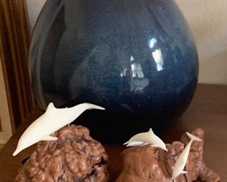 John Perry Dolphins on Burl wood base sold  Blue Ceramic decorative gourd vase $10
