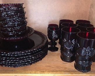 Ruby Cape Cod by Avon 
7 dinner plates $35
7 tumblers $35
6 bowls $20 
2 small goblets $8
Shallow small bowl $5