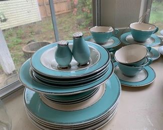Vintage China with Tiffany Blue Band and platinum rim.  It is not a complete set but rather a collection of pieces.  It is gorgeous and would be stunning blended with other patterns. $45